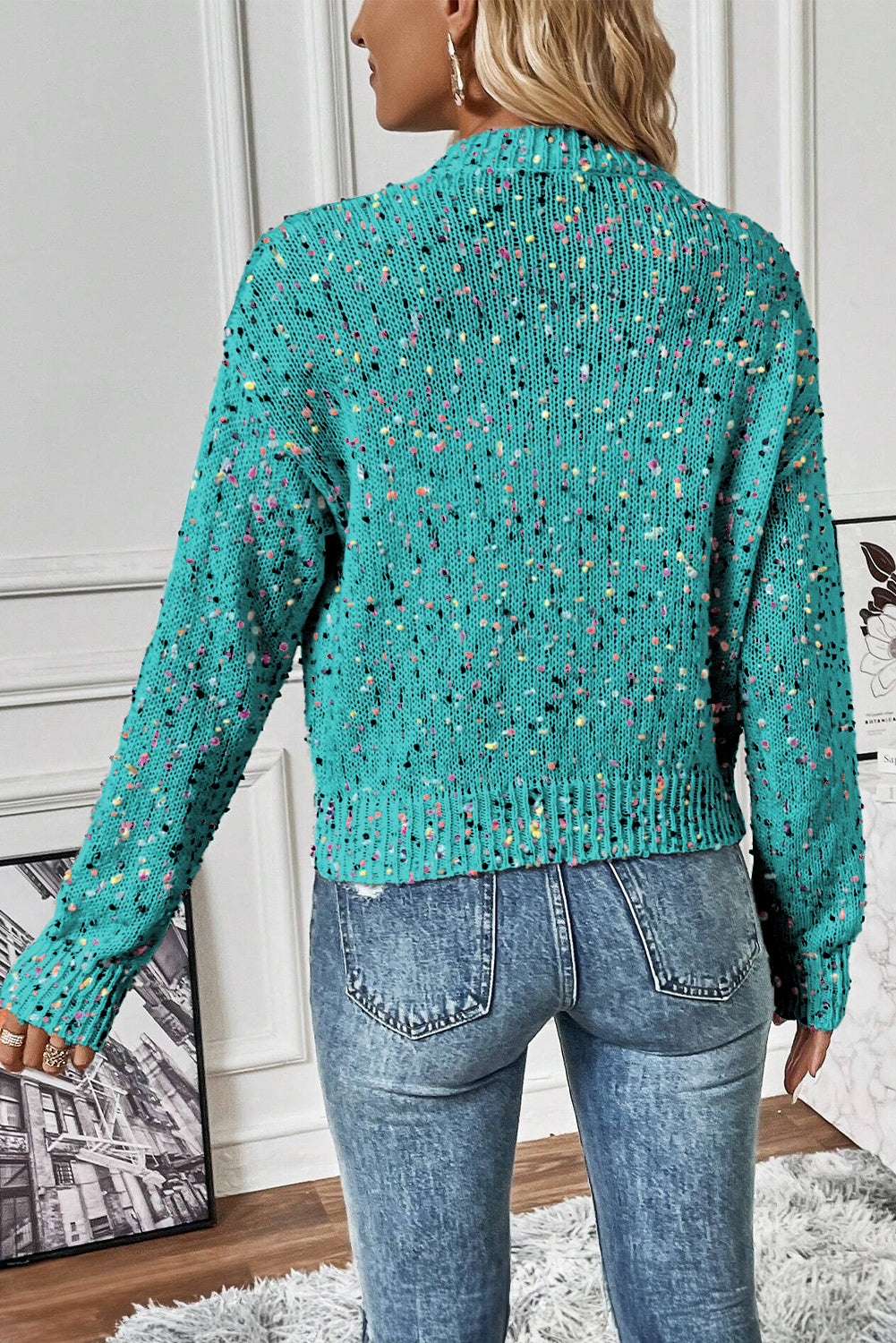 Aruba Bleu Strass Décor Multicolore Confettis Pull Cardigan