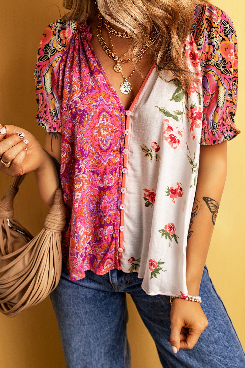 Multicolour Boho Floral Patchwork Buttoned Short Sleeve Blouse