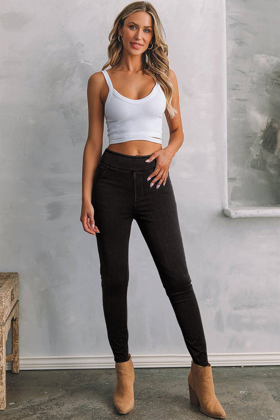 Black Solid Color High Waist Stretch Slim Jeggings