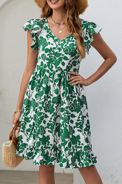 Dark green leaf print v-neck dress with flutter sleeves