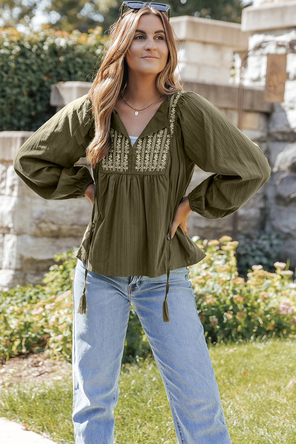 Green Embroidered Split Neck Pleated Loose Blouse