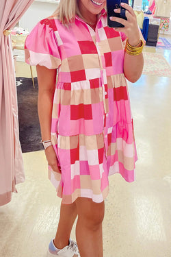 Pink Plaid Print Puff Sleeve Buttoned Ruffle Dress