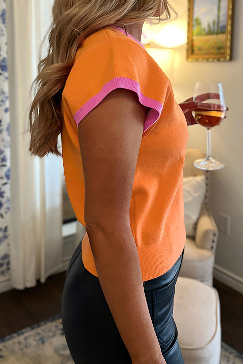 Haut pull à manches courtes en tricot color block Flamingo 2 tons