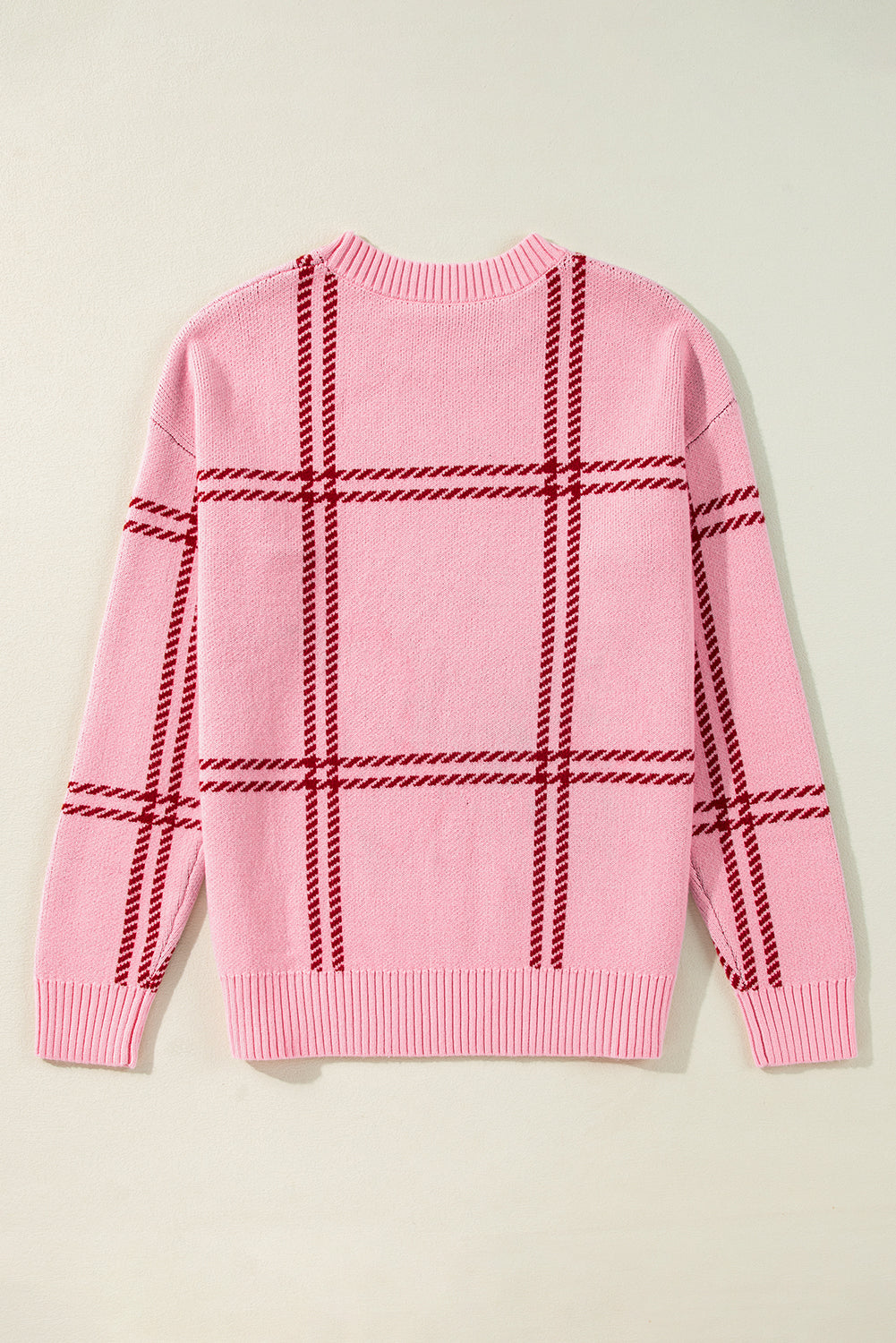 Pink Plaid Knitted Drop Shoulder Sweater