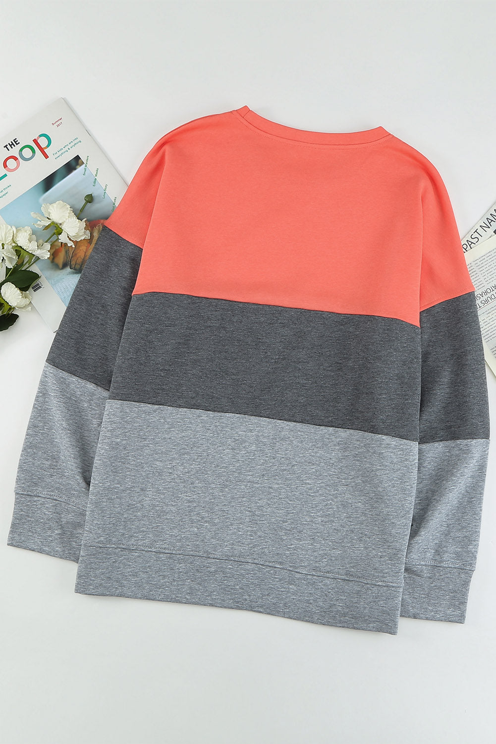 Gray Round Neck Colorblock Sweatshirt Large Size