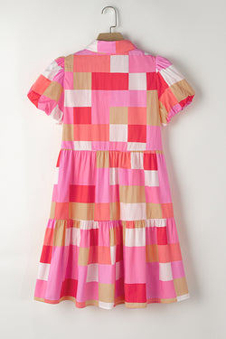 Pink Plaid Print Puff Sleeve Buttoned Ruffle Dress