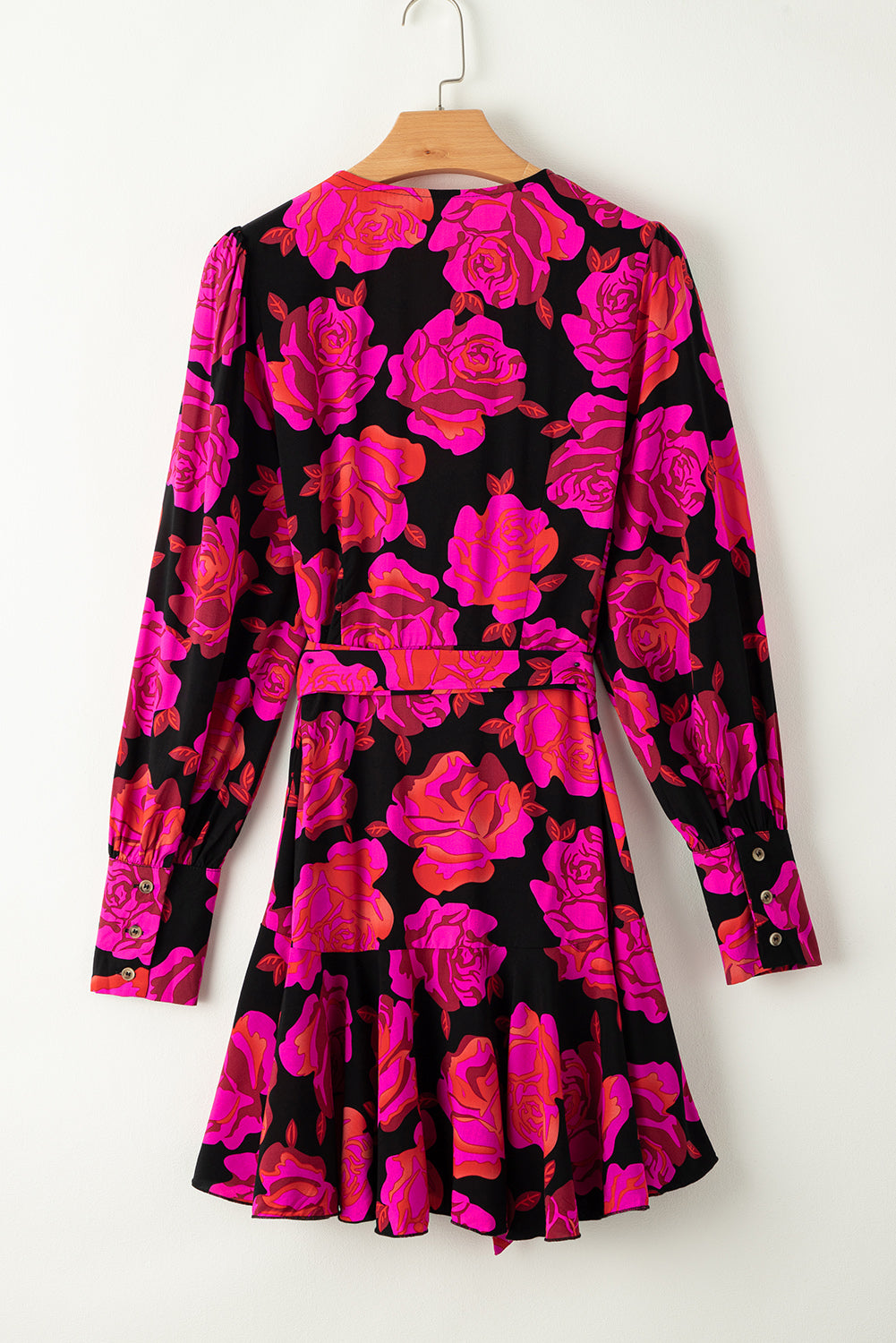 Rose Floral Imprime en V Wrap Bishop Sleeve Ruffle Mini Robe