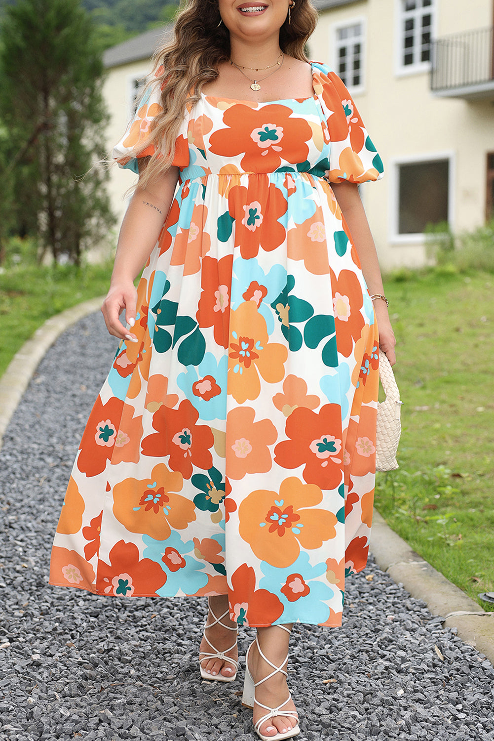 Orange long dress with large frowned floral print in square collar