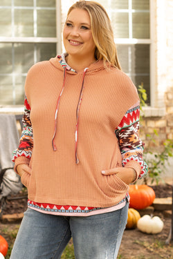 Plus Size Khaki Aztec Waffle Knit Hoodie