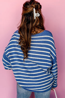 Sky blue striped sweater with dropped shoulders, round neck, plus size