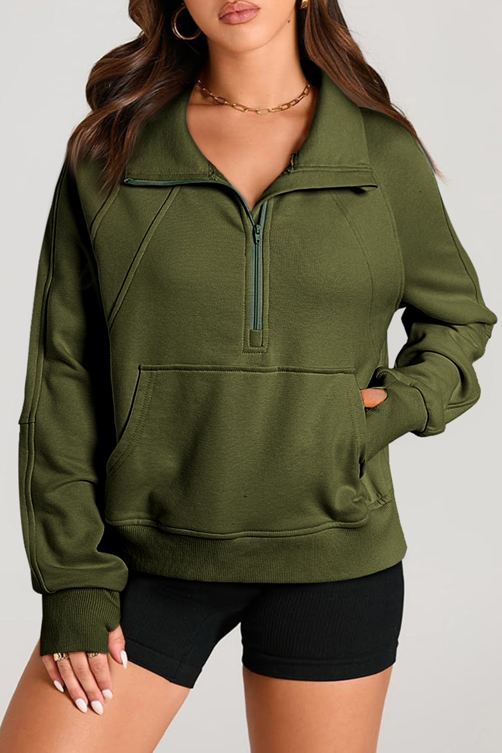 Moss Green Mock Neck Sweatshirt with Kangaroo Pocket and Quarter Zip Closure