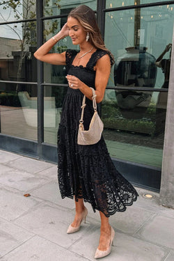 Black Sleeveless Midi Dress with Smocked Lace Bodice