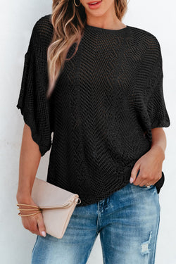 Black high with short sleeves in Pointelle mesh with scalloped edges