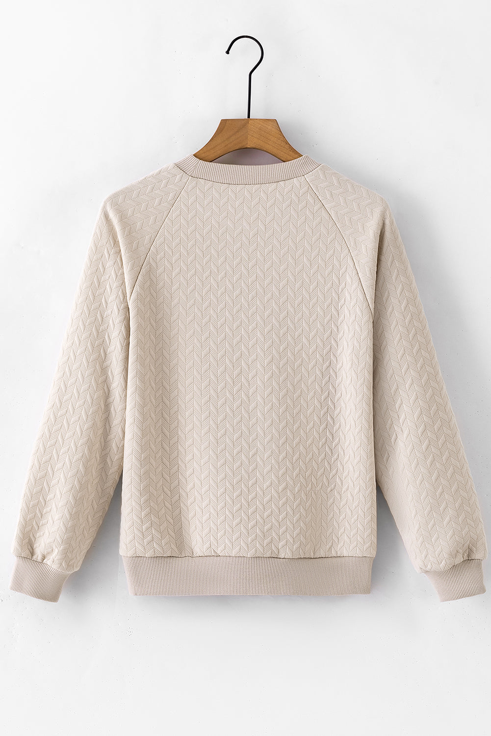 Beige solide strukturierte Raglan -Ärmelpullover Sweatshirt