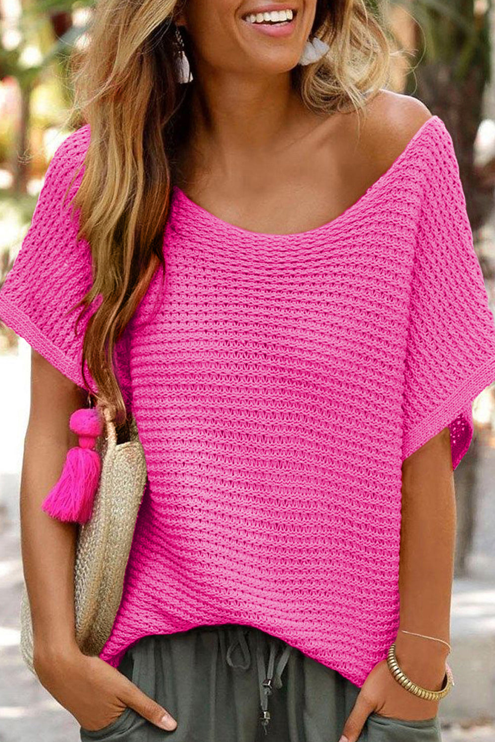 Pull rose uni à manches courtes en tricot ample et dolman
