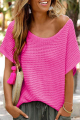 Pull rose uni à manches courtes en tricot ample et dolman
