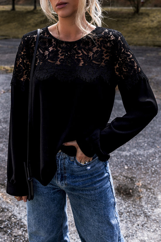 Black long sleeve crochet lace crew neck top