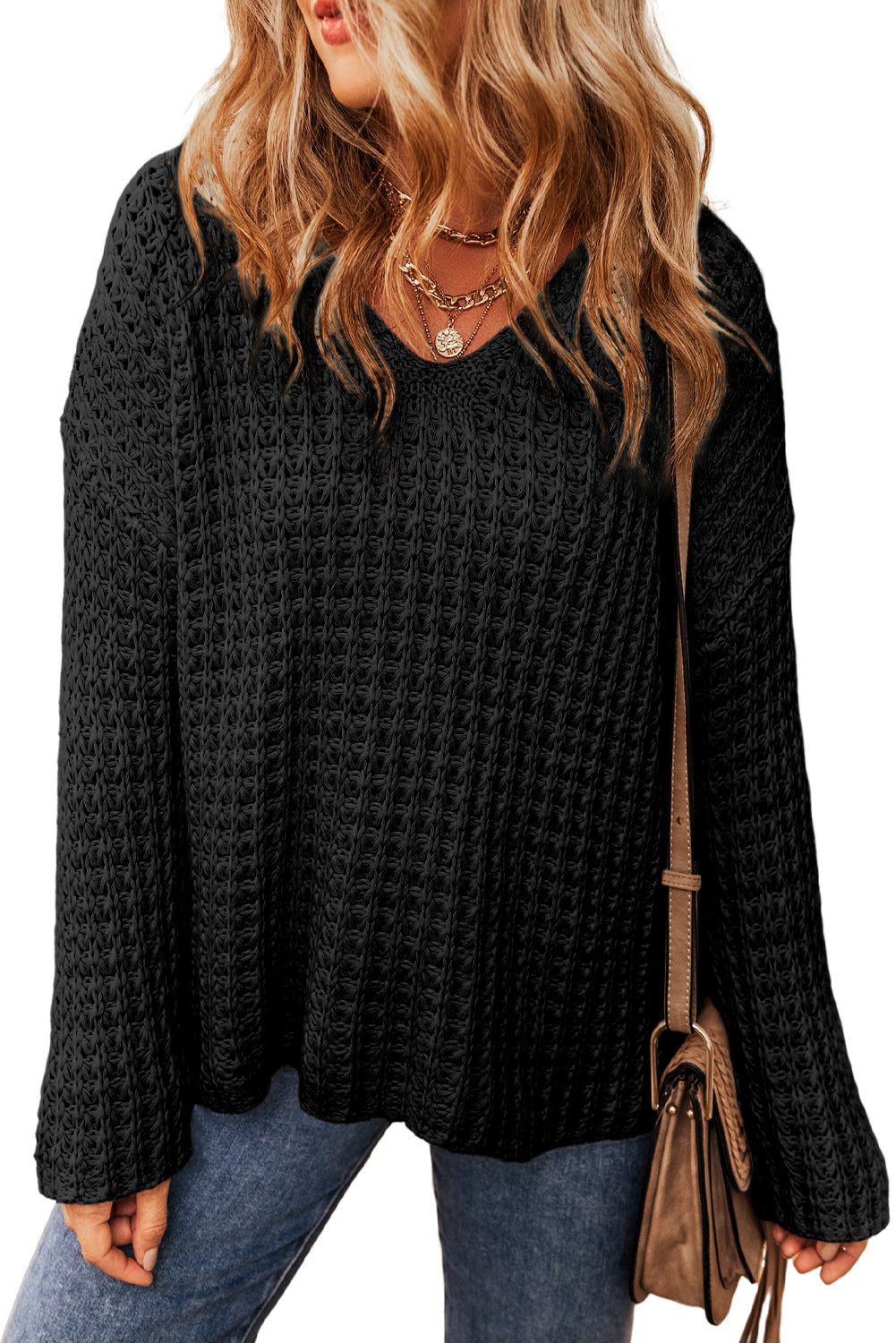 Black V-neck sweater with openwork crochet