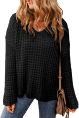 Black V-neck sweater with openwork crochet