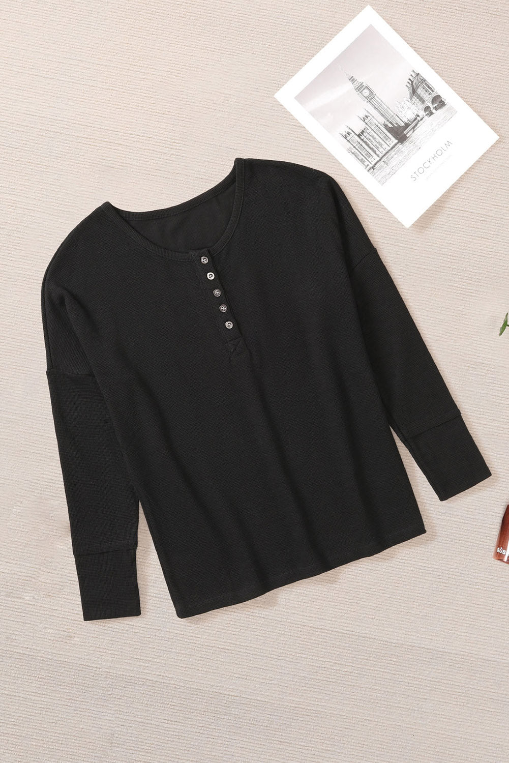 Black Waffle Knit Henley Top