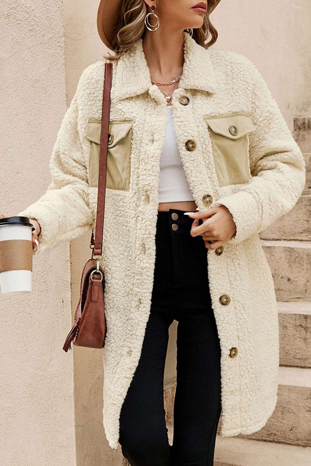 Teddy beige coat with single buttoning and contrasting flap pocket