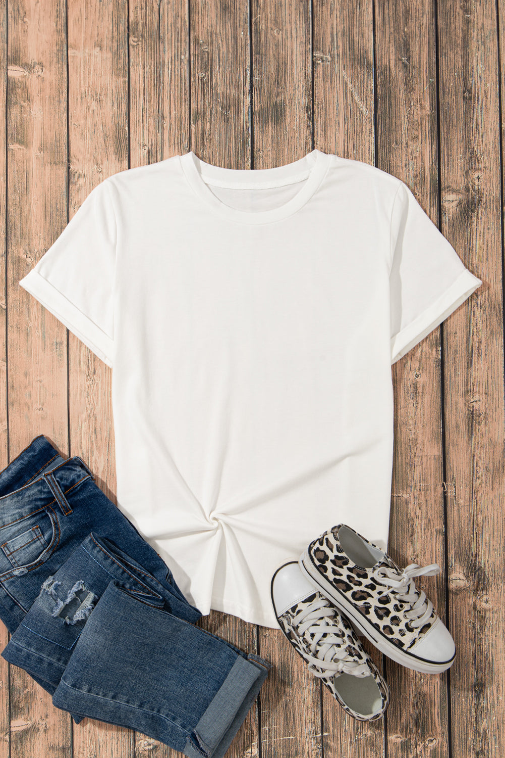 T-shirt blanc décontracté uni à col rond