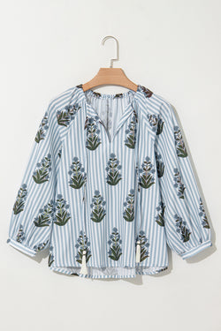 Beautiful Blue - Long sleeve blouse and floral print with striped and collar in tied