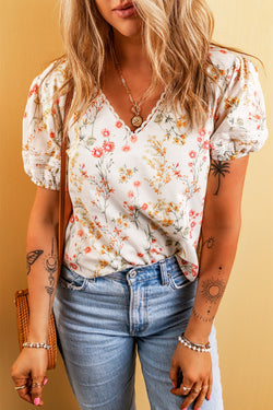 Beige blouse with short sleeves and Boho floral lace border