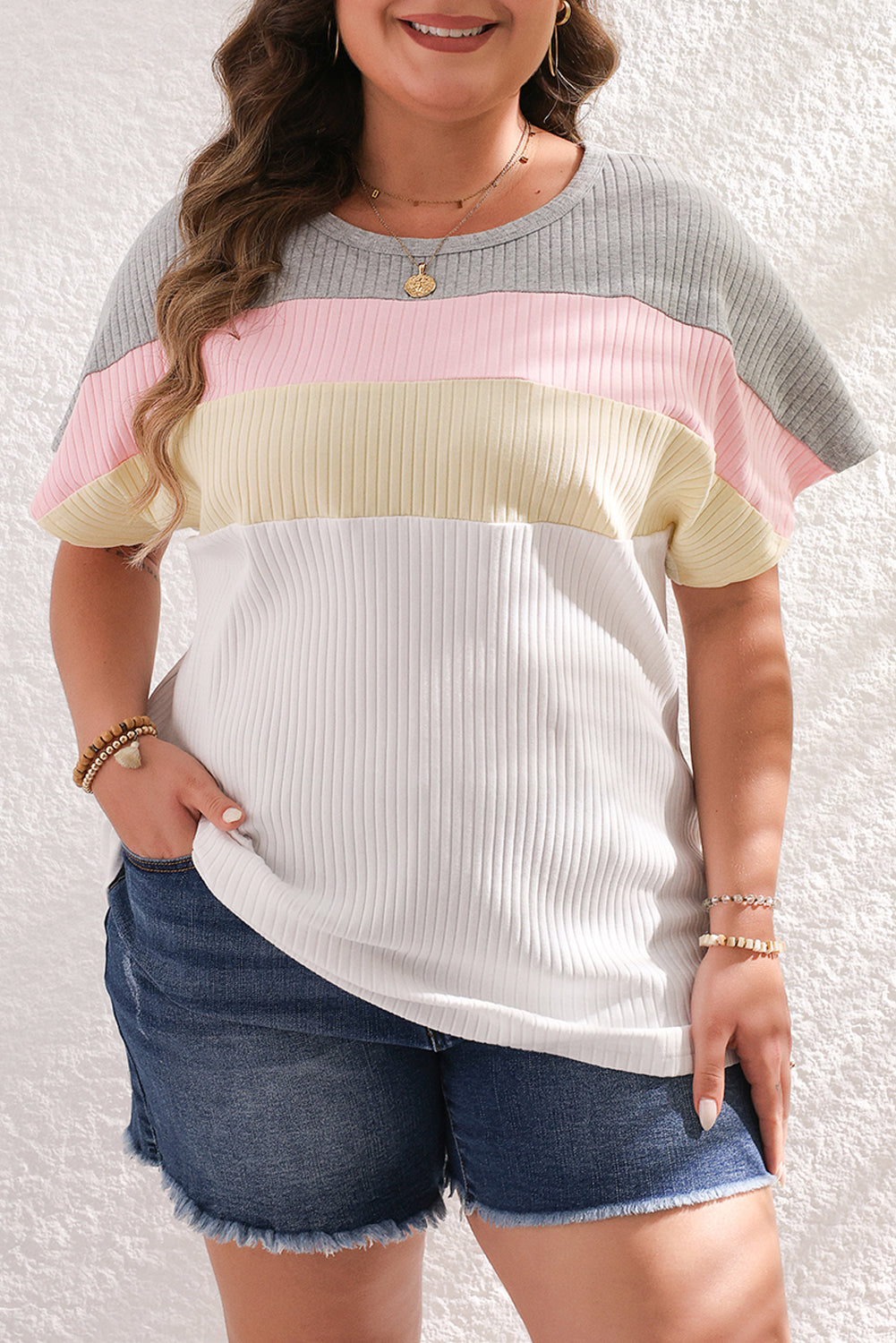 Colorlock White Patchwork Batwing Sleeve Ribbed Plus T-shirt