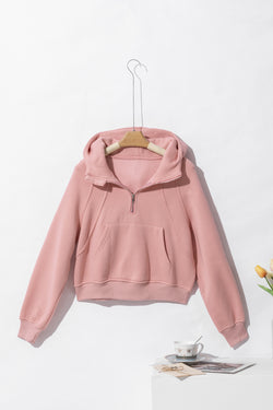 Pink hoodie with kangaroo pocket and quarter zip