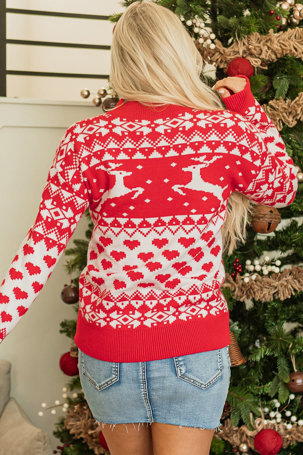 Pull à col montant rouge vif avec motif cœur de renne joyeux Noël