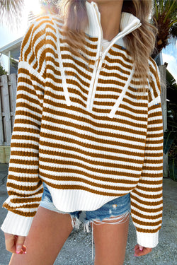 Khaki striped sweater with zipped collar and dropped shoulders