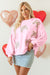 Light Pink Embroidered Bow Lantern Sleeve Oversized Sweatshirt