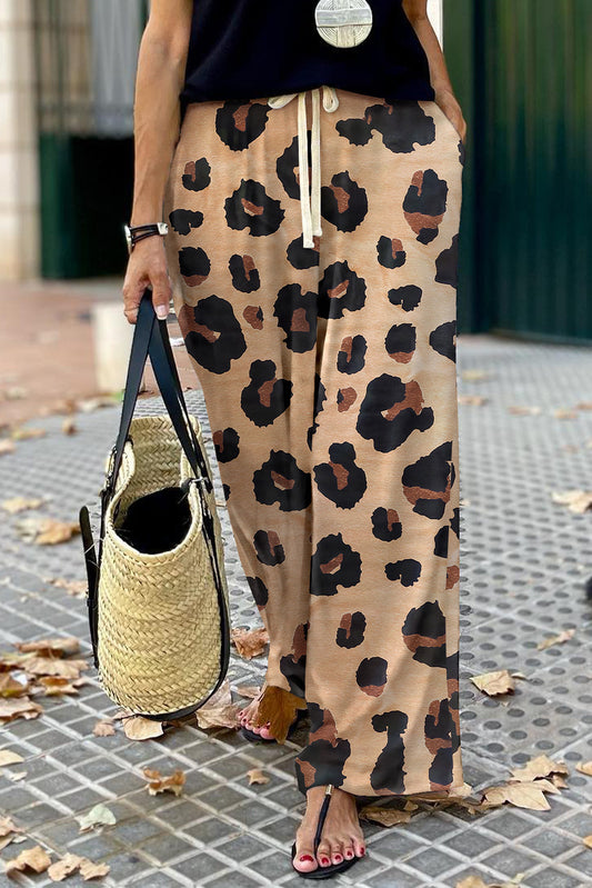 Pantalones casuales de pierna ancha con cordón de leopardo