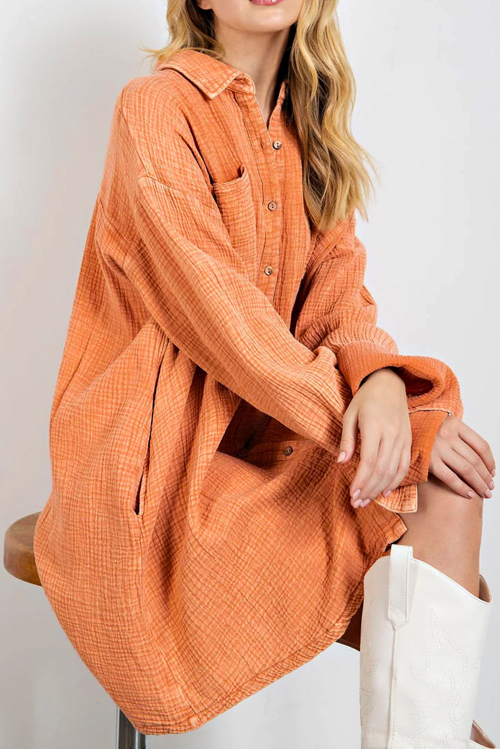 Robe de chemise surdimensionnée de poche à double poitrine orange