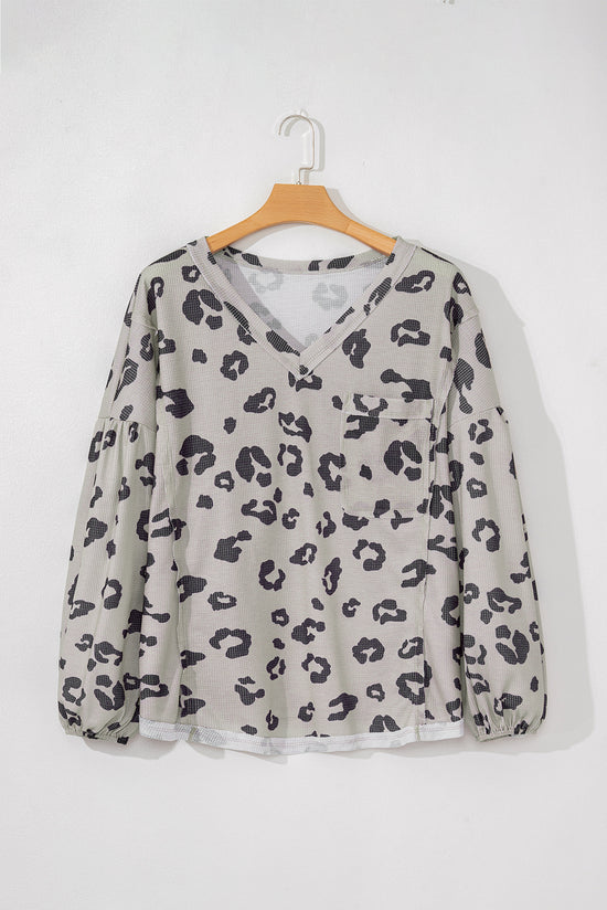 Gray thermal tricot high leopard with large balloon sleeves