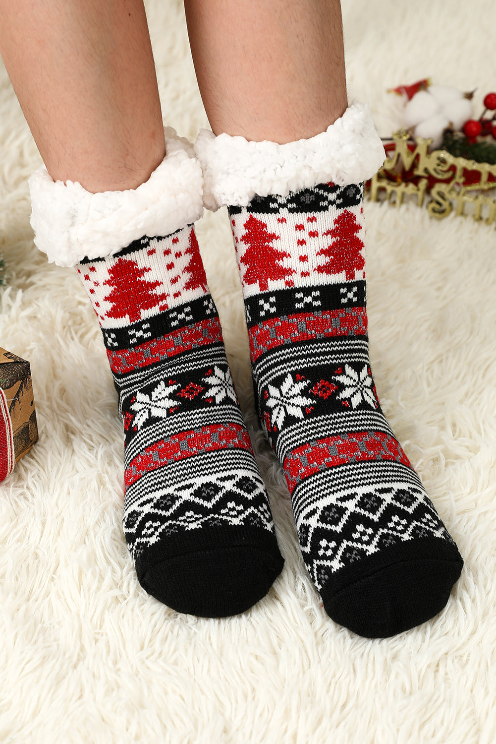 Chaussettes thermiques noires à motif d'arbre de Noël