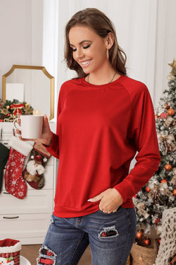 Bright Red Plain Raglan Sleeve Crew Neck Sweatshirt