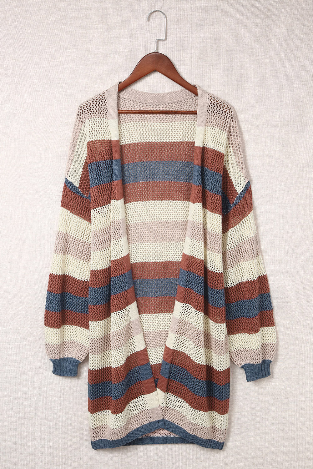 Cardigan en tricot évidé à rayures bleues et blocs de couleurs-A WOMAN WE LOVE