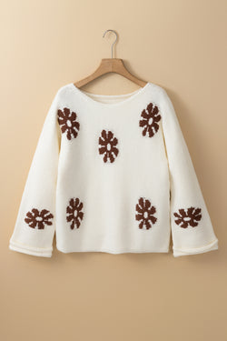 White round-neck sweater with color block floral pattern