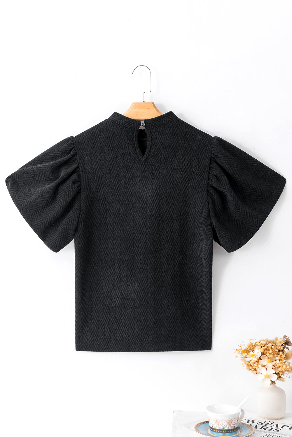 Black Solid Textured Puff Sleeve Mock Neck Blouse