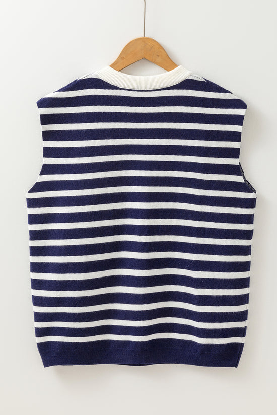 Blue striped knitted sweater vest with decorative knot