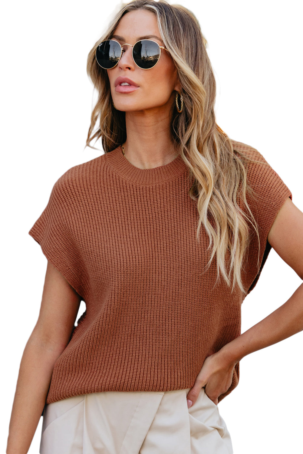 Chestnut Plain Crew Neck Short Sleeve Sweater