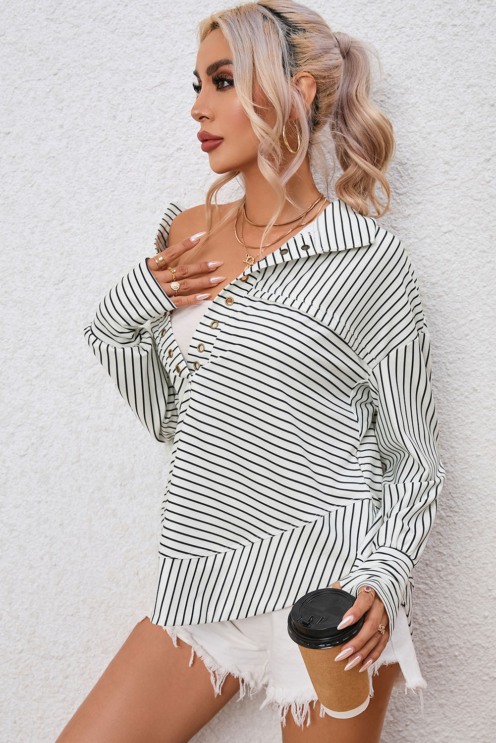 White Striped Thumbhole Drop Shoulder V Neck Top