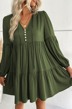 Green Ruffled Lace Button Mini Dress with Puff Sleeves and Tiered Skirts