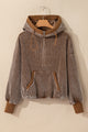 Brown corduroy hoodie with half zip and kangaroo pocket with drawstring