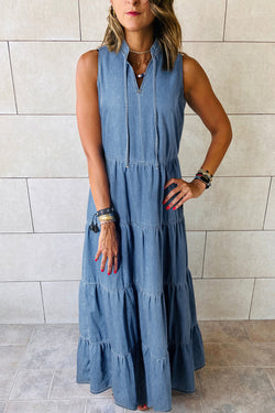 Vestido azul largo en Chambray en varios niveles sin mangas