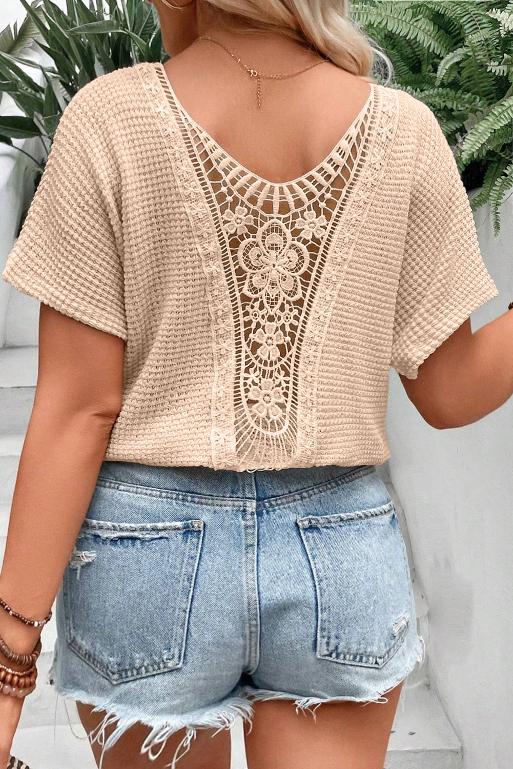 BEIGE GUIPURE INSERT TEE TEE TEE