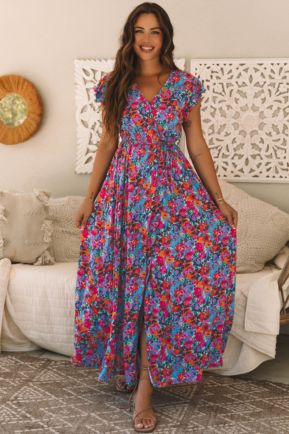 Blue Floral Print V-Neck Wrap Slit Maxi Dress