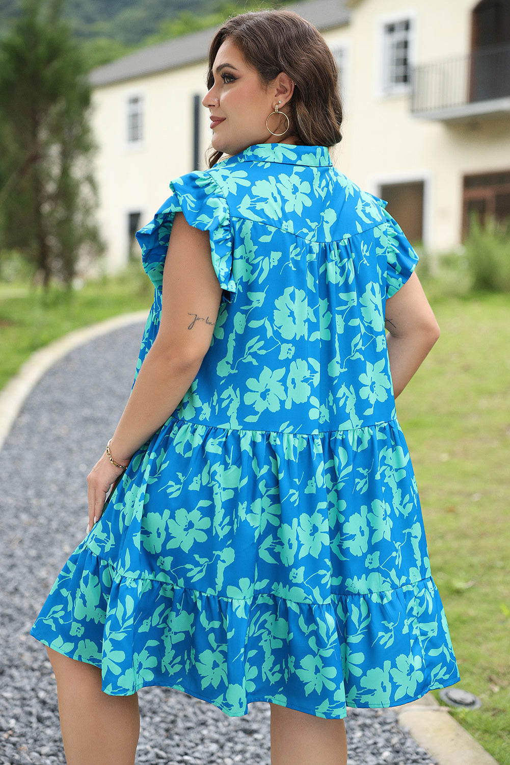 Sky Blue Plus Size Floral Print Flutter Sleeve Buttoned Mini Dress